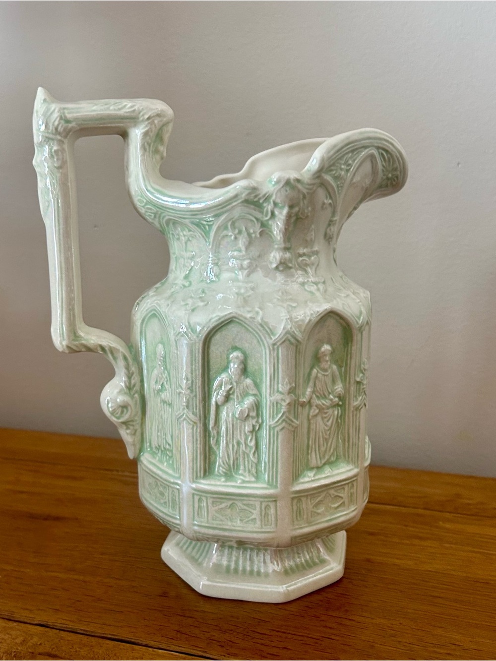 Vintage-Style Embossed Ceramic Pitcher in Pale Green and White